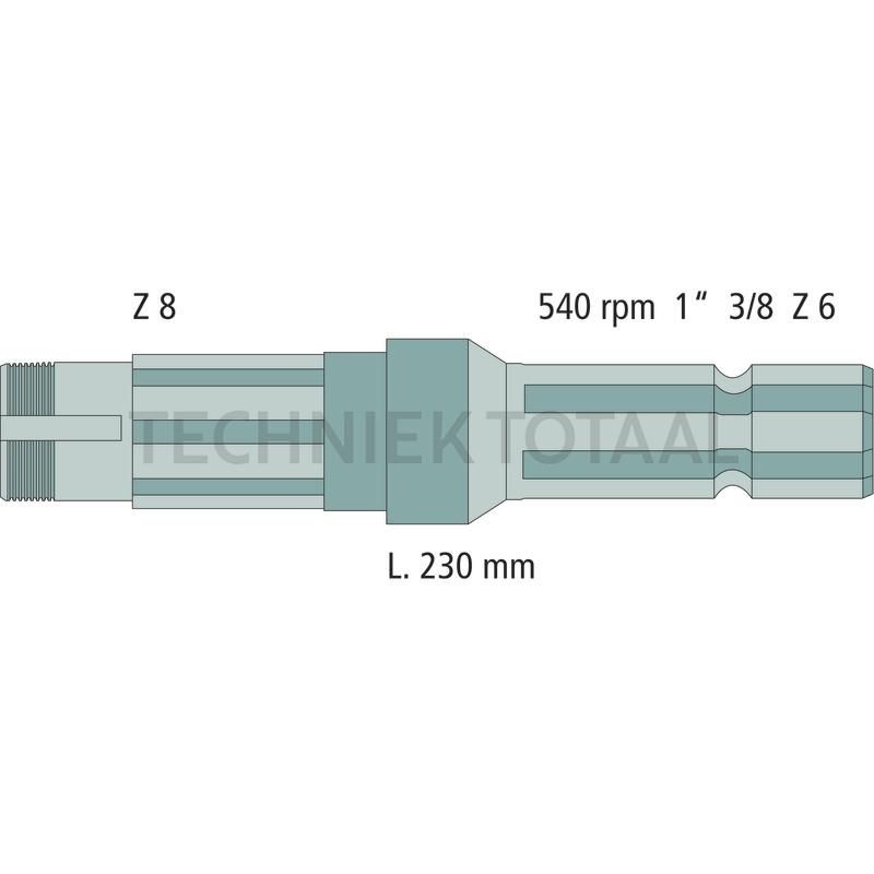 Aftakas-eindstuk 1 3/8 inch, 6 splines, 230 mm, 540 omw./min Renault, foto 2 van 2