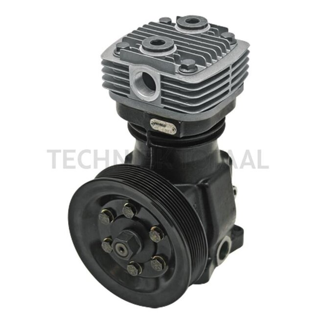 Wabco Compressor voor John Deere, met v-snaarpoelie, afstand tot middelste groef 28,5 mm - 8284111410010, 4111410010, AL78940 John Deere, AZ78940 John Deere, RE207012 John Deere | Max. werkdruk: 10 bar | Slagruimte: 159 cm³ | Toerental: 3000 omw./min. | Zuiger