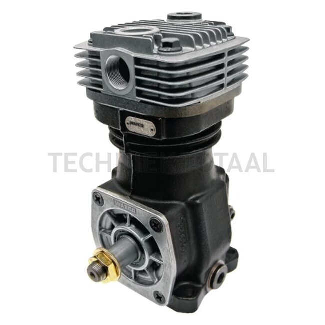 Wabco Compressor suitable for DAF 1505912 - 8284111415030, 4111415030, G385884020110 | Operating pressure max.: 10 bar | Cylinder capacity: 159 cm³ | Speed: 3000 1/min. | Piston Ø: 75 mm | Piston stroke: 36 mm | Cooling system: Air | Thread: Crankshaft M18 x 1.