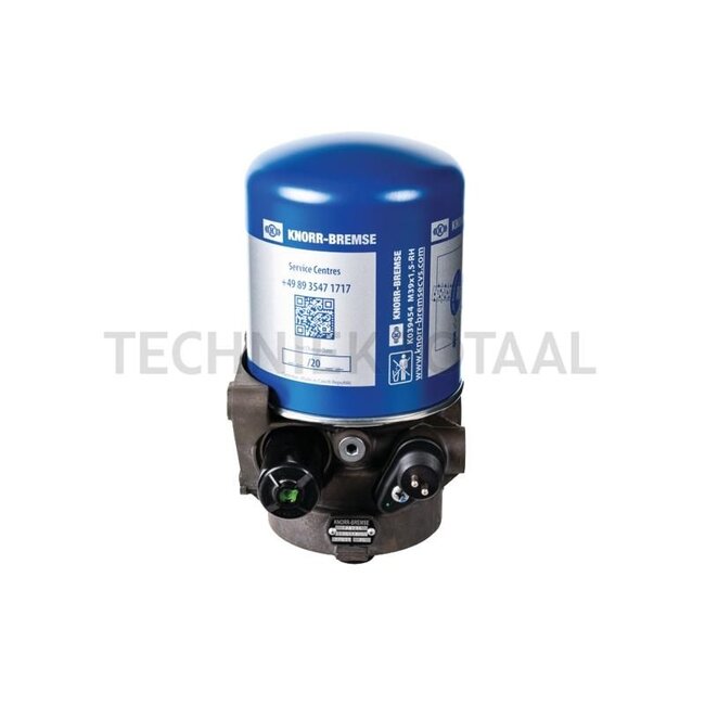 Knorr Bremse Air dryer with silencer - 826II30448 | Inlet connection: M22 x 1,5 | Outlet connection: M22 x 1,5 | Pressure regulator cut-off pressure: 8,1 +/- 0,2 bar | Heater voltage: 24 V | Safety valve opening pressure: 13 bar | Regeneration: M12 x 1,5 | Type no.: L