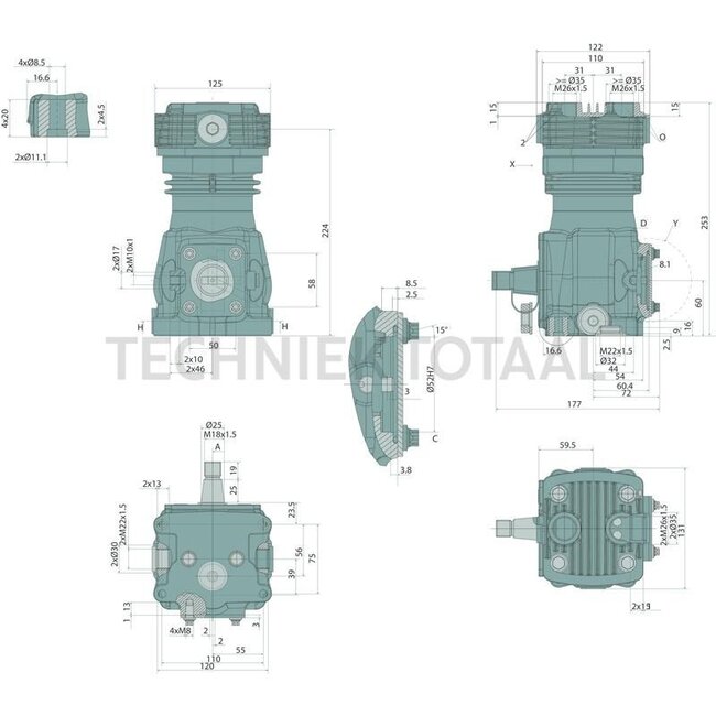 Wabco Luftkompressor 10 bar, 159 cm³, Kolben Ø 75 mm, Hub 36 mm