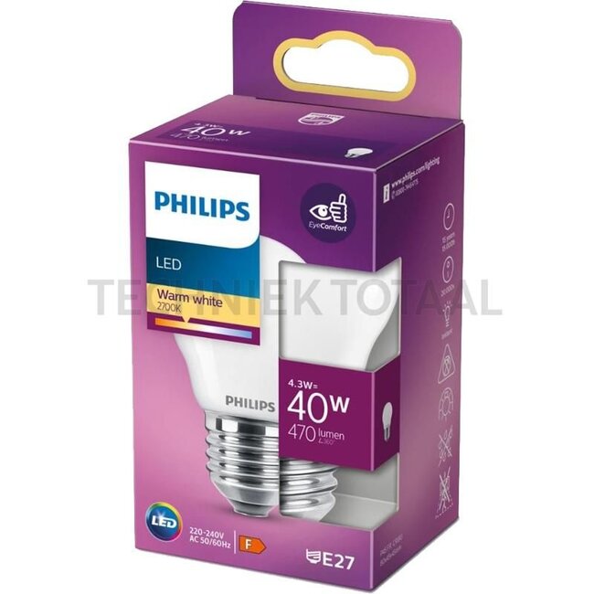 Philips LED classic 40W P45 E27, warm weiß 2.700 K, 4,3 W