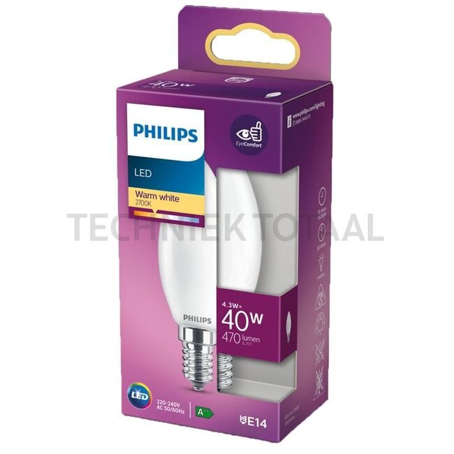 Philips LED lamp E14 - 30081018 | Vermogen: 4,3 W (40W). | Lichte kleur: warm wit. | Kleurtemperatuur: 2.700 Kelvin.