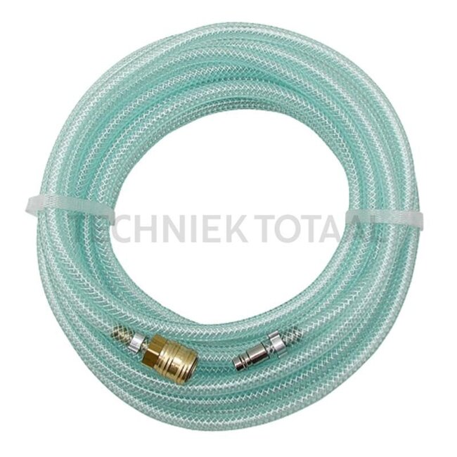 PVC compressed air hose Made of high-grade plastic for operating pressure of 10 bar, with tear-proof fabric insert.  Wall thickness: 3 mm  With plug connector and quick connector.