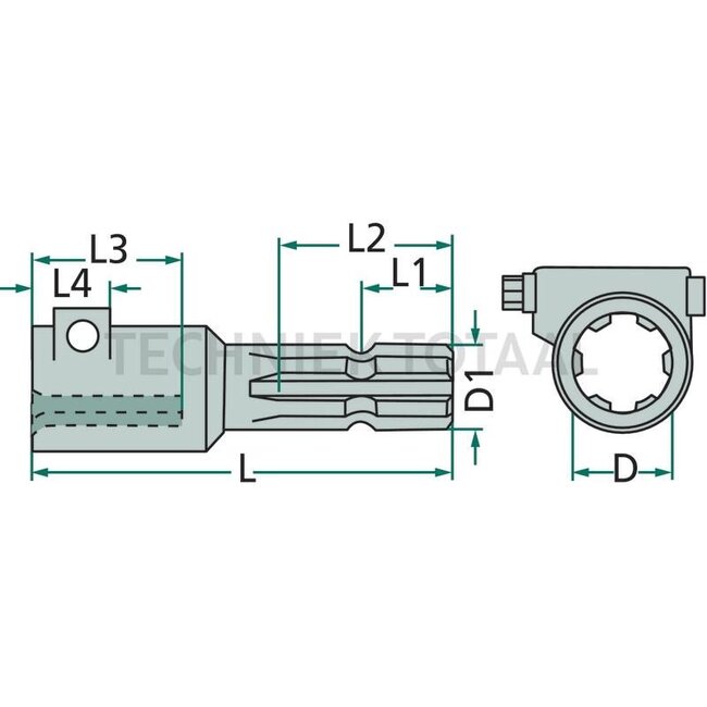 GRANIT Extension With quick-release pin - 6147500138138175, 13165 | D (inches): 1 3/8" 6 splines | D1 (inches): 1 3/8" 6 splines | L (mm): 175 | L1 (mm): 36 | L3 (mm): 62 | L4 (mm): 30