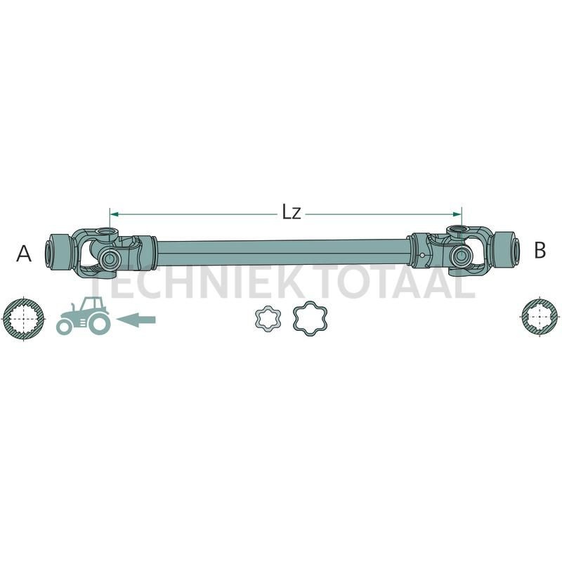 ROTARO Aftakas 1 3/4" 20 spline x 1 3/8" 6 spline, 710 mm, R80, ster, foto 2 van 2