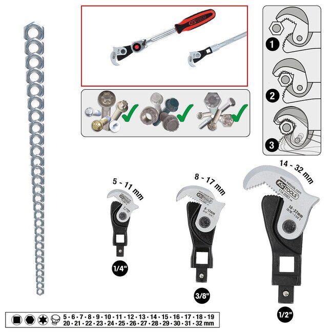 KS Tools 1/4"+ 3/8"+ 1/2" multifunction spanner set, 3 pcs - 114.0060