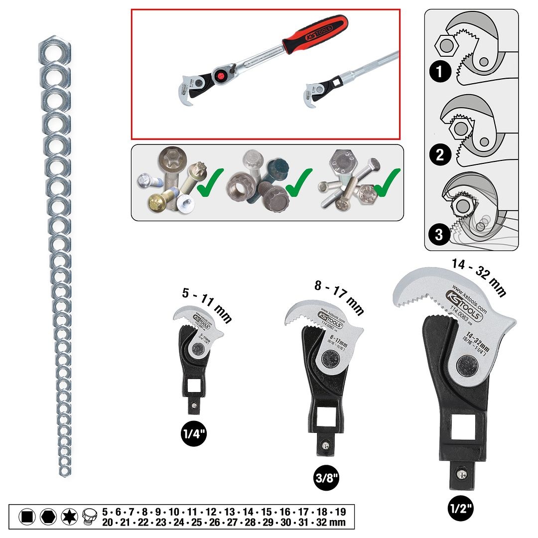 KS Tools 1/4" + 3/8" + 1/2" multifunctionele sleutelset - 3 - delig - 114.0060, foto 2 van 6