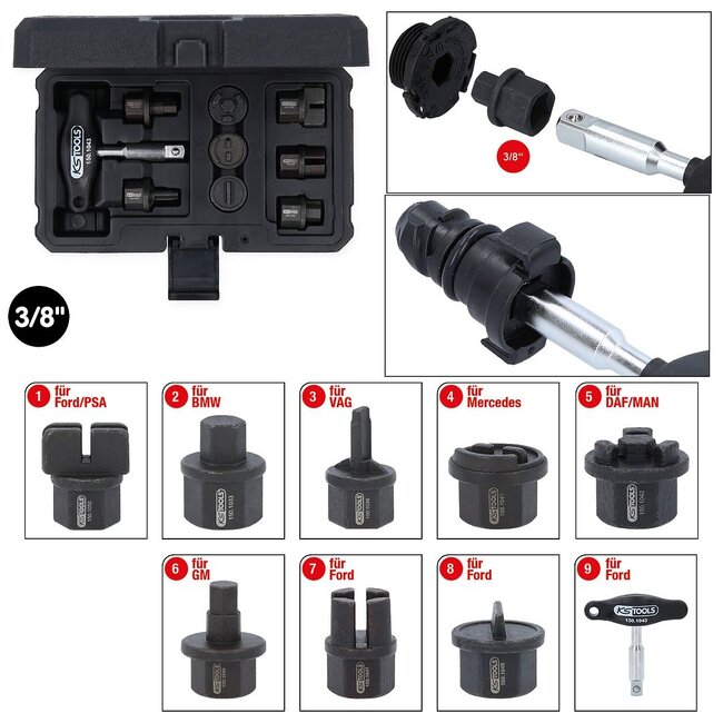 KS Tools 3/8" Oil Service Special Profile Set for Plastic Oil Drain Screws, 9 pcs - 150.1040