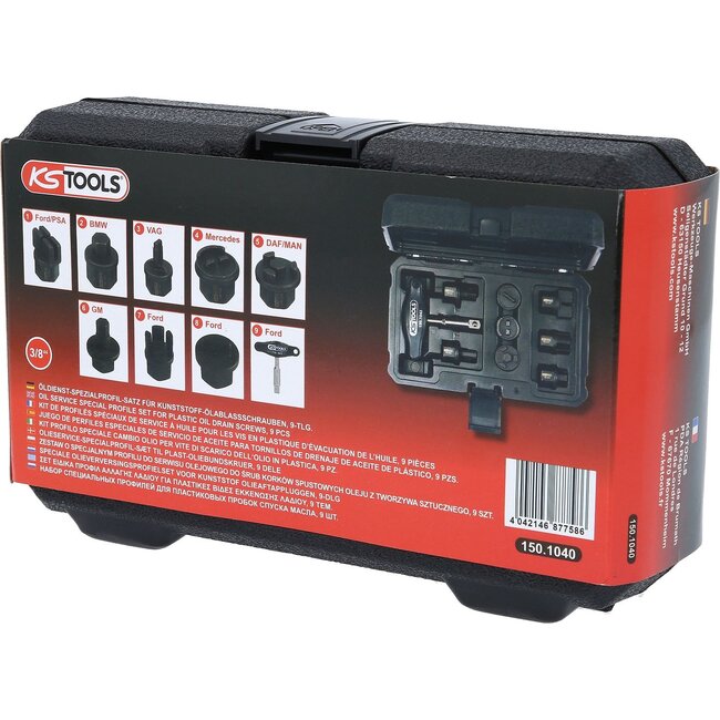 KS Tools 3/8" Oil Service Special Profile Set for Plastic Oil Drain Screws, 9 pcs - 150.1040