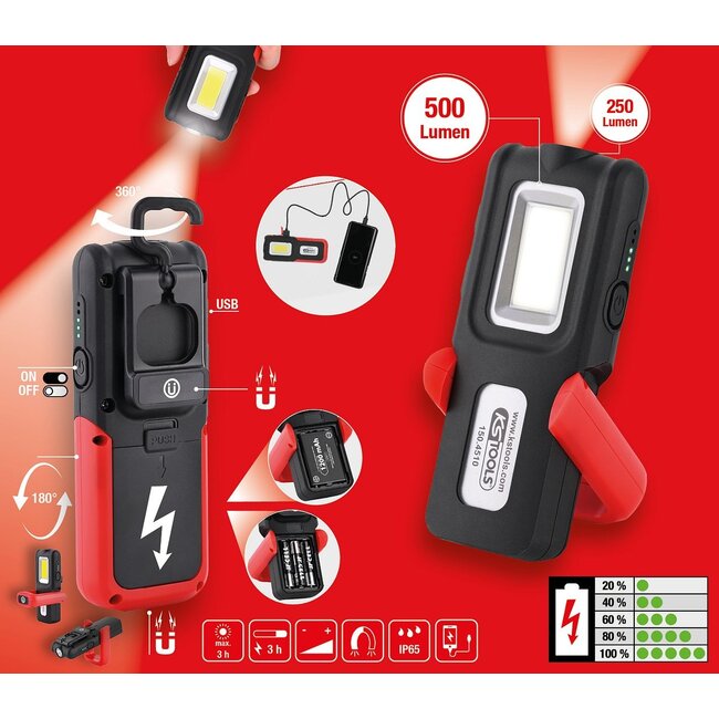 KS Tools Lampe à main d’atelier mobile, rabattable, 500 Lumens - 150.4510
