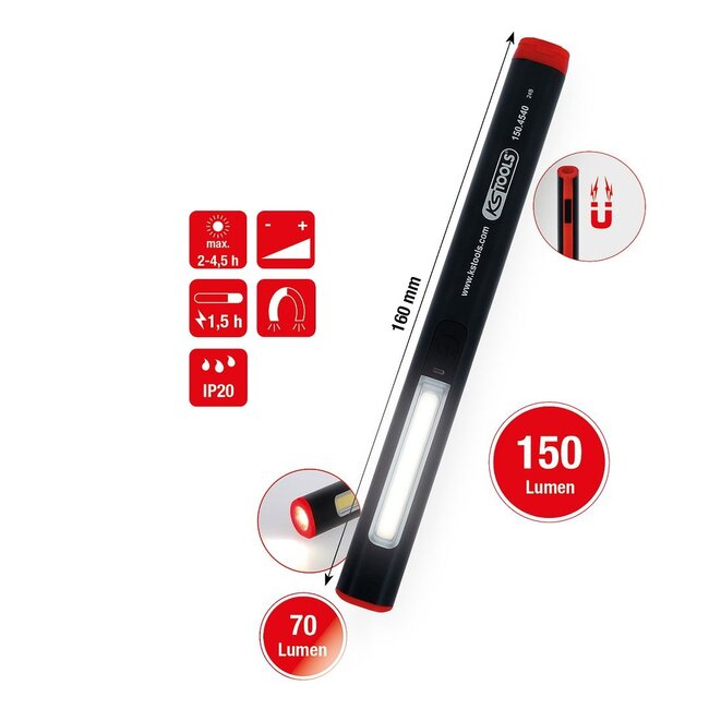 KS Tools UltimateBEAM Lampe stylo à LED en aluminium Li-Ion, 150 Lumens - 150.4540