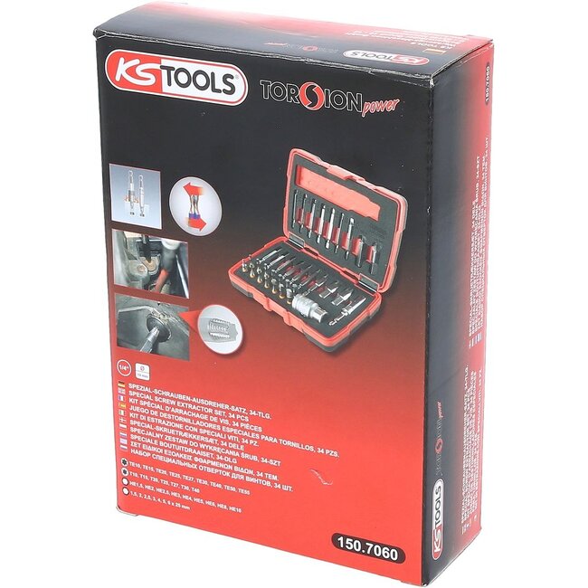 KS Tools 1/4" + 10 mm Torx and hexagonal screw extractor set, 34 pcs - 150.7060