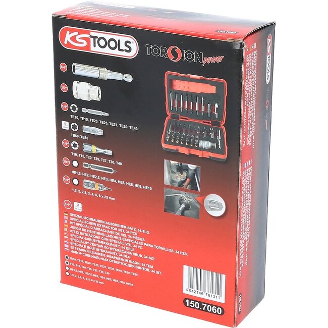 KS Tools 1/4" + 10 mm Torx- und Innensechskant-Schrauben-Ausdreher-Satz, 34-tlg - 150.7060