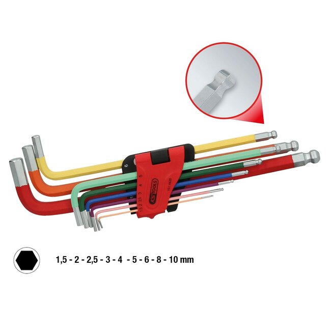 KS Tools Jeu de clés mâles coudées à six pans creux et tête sphérique, extra longues, 9 pcs - 151.4420