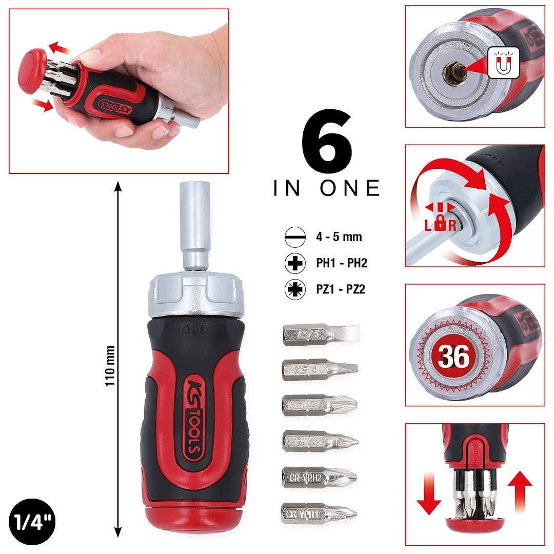 KS Tools 1/4" 6 in 1 Mini-ratel-schroevendraaier - 159.2025, foto 2 van 6
