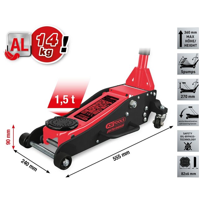 KS Tools performance aluminium hydraulische krik - 1500 kg - hefhoogte: 90 - 360 mm - 160.1000