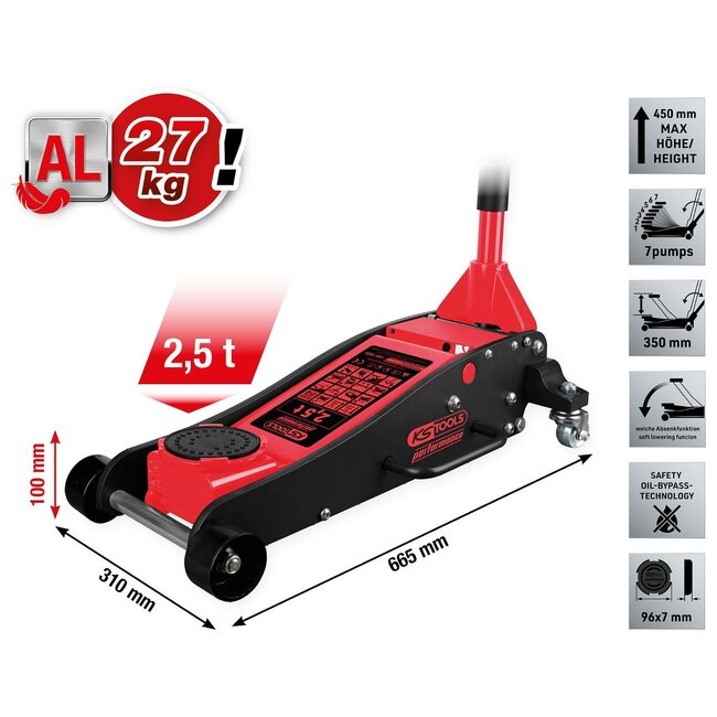 KS Tools performance hydraulic aluminum jack, 2500 kg, lifting height: 100 – 450 mm - 160.1005