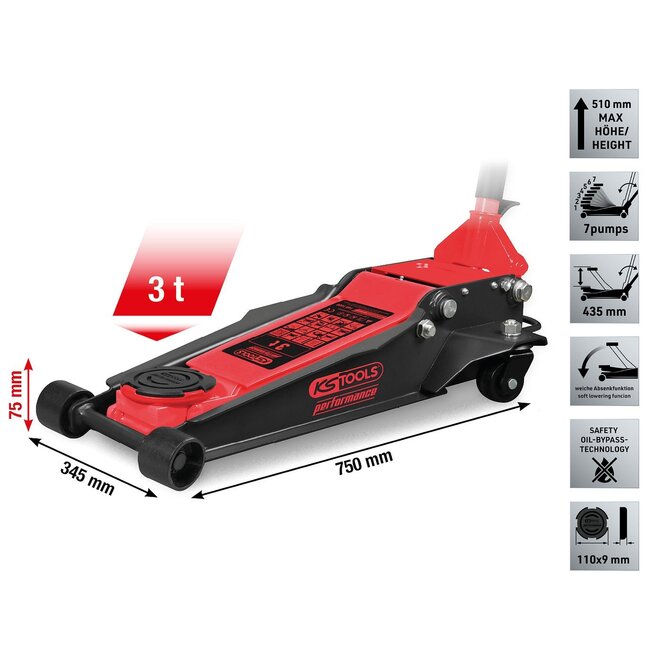 KS Tools Performance Cric hydraulique en acier, 3000 kg, plat, levée : 75-510 mm - 160.1020