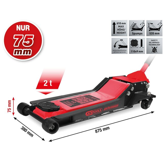 KS Tools performance hydraulic steel jack, 2000 kg, flat, lifting height: 75 – 610 mm - 160.1025
