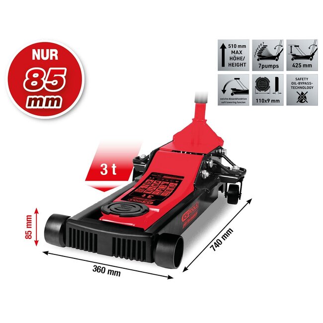 KS Tools performance hydraulic steel jack, 3000 kg, flat, lifting height: 85 – 510 mm - 160.1035