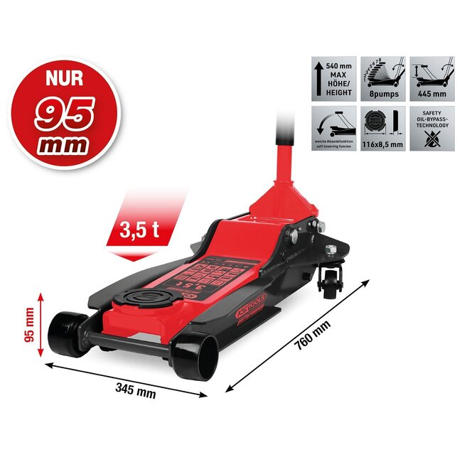 KS Tools performance hydraulic steel jack, 3500 kg, flat, lifting height: 95 – 540 mm - 160.1040