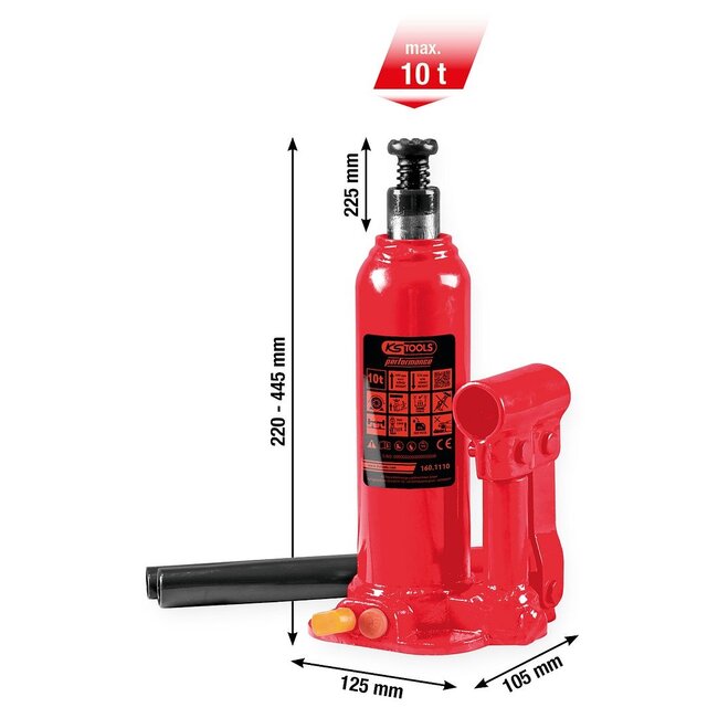 KS Tools performance hydraulic bottle jack, 10000 kg, lifting height: 222 – 447 mm - 160.1110