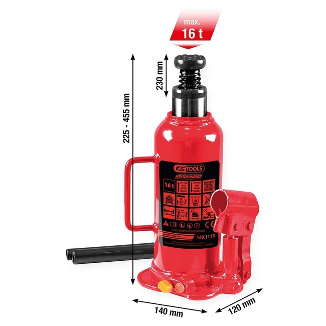 KS Tools performance hydraulische potkrik - 16000 kg - hefhoogte: 227 - 457 mm - 160.1115