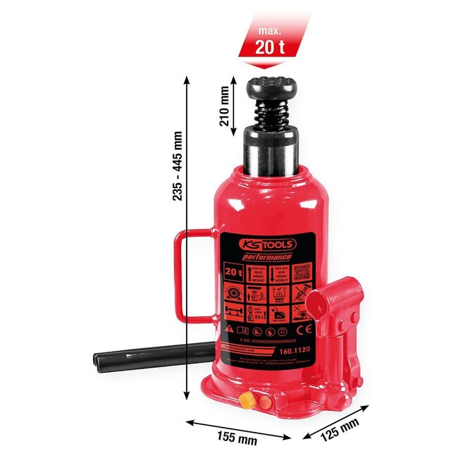 KS Tools performance hydraulic bottle jack, 20000 kg, lifting height: 235 – 445 mm - 160.1120