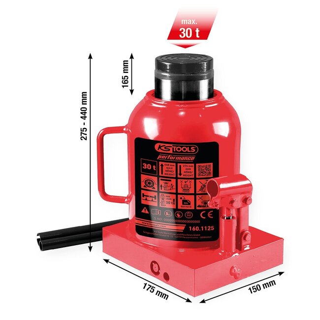 KS Tools performance Hydraulischer Flaschenwagenheber, 30000 kg, Hubhöhe: 275-440 mm - 160.1125