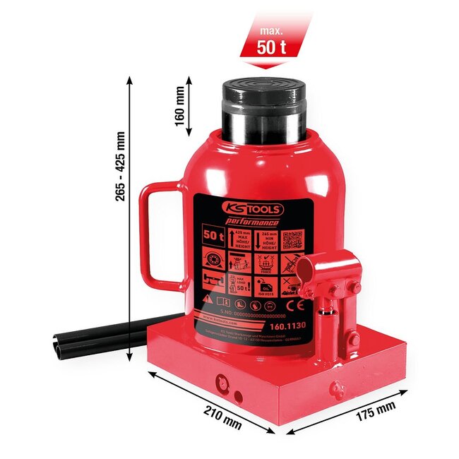 KS Tools performance hydraulic bottle jack, 50000 kg, lifting height: 265 – 425 mm - 160.1130