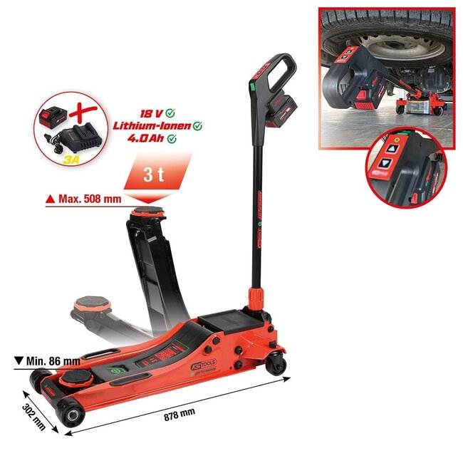 KS Tools Cric hydraulique à batterie e-performance, 3 t, hauteur max. 616 mm - 160.2010