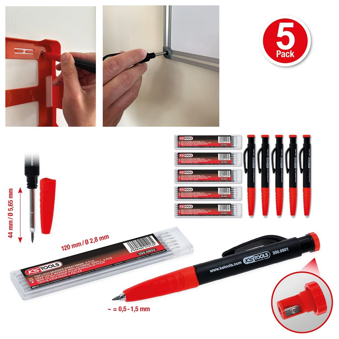 KS Tools 2-in-1 vulpotlood- en diepgatmarkeerpenset - 8 - delig - verpakking 5 stuks - 300.0800, foto 2 van 2