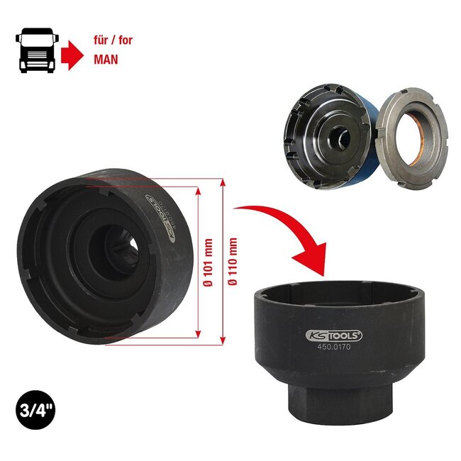 KS Tools 3/4" Nutmuttern-Schlüssel mit 6 Zapfen für MAN, 101-110mm - 450.0170