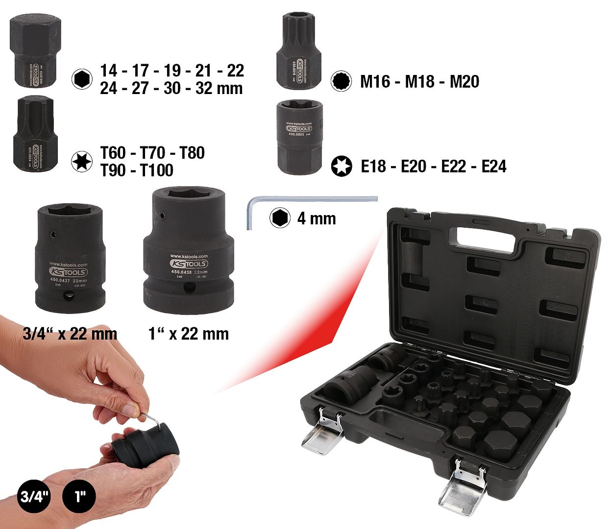 KS Tools 3/4" + 1" kracht-wisselbitset - 23 - delig - 450.0450, foto 2 van 6