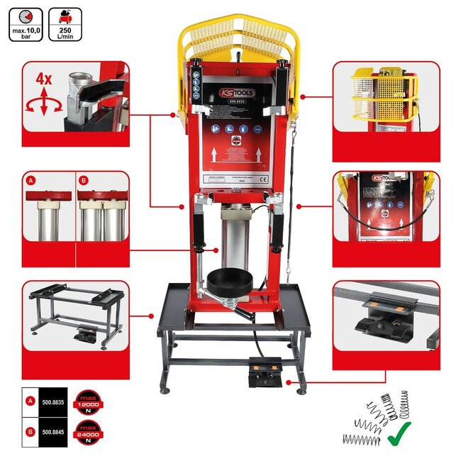 KS Tools Compresseur de ressort pneumatique fixe à double cylindre et support - 500.8845