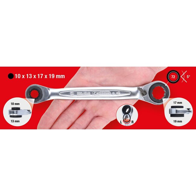 KS Tools 4 in 1 GEARplus reversing double ratchet ring spanner, 10x13x17x19mm - 503.4565