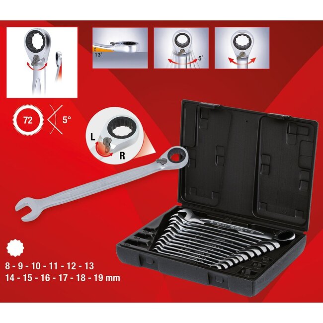 KS Tools GEARplus Ratelringsteeksleutelset - omschakelbaar - 12 - delig - 503.4665