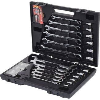 KS Tools GEARplus Ringstop reversing combination ratcheting spanner set, 30 pcs, with adaptors