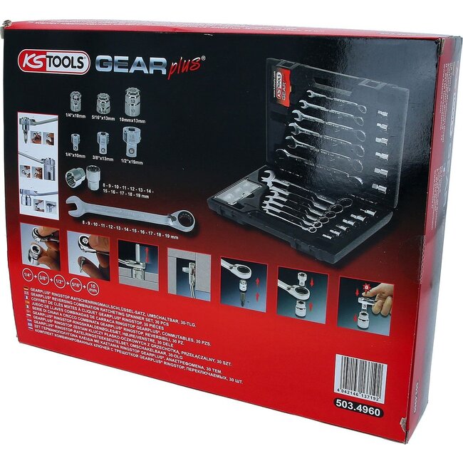 KS Tools GEARplus Ringstop reversing combination ratcheting spanner set, 30 pcs, with adaptors - 503.4960