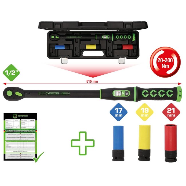 KS Tools 1/2" COMPETITION torque wrench toolkit with reversible ratchet head, 20-200Nm, 4 pcs - 512.0010