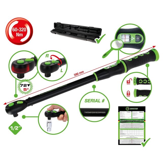 KS Tools 1/2" COMPETITION torque wrench with reversible ratchet head, 60-320Nm - 512.0025