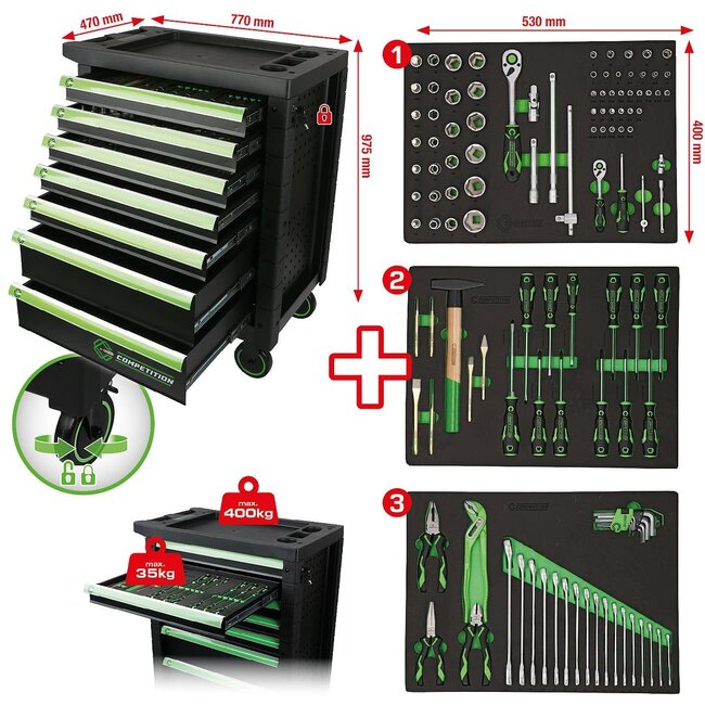 KS Tools COMPETITION Werkstattwagen mit 7 Schubladen und 119 Premium-Werkzeugen - 512.3119