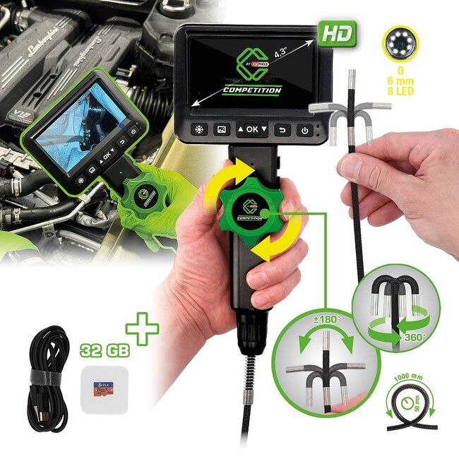KS Tools COMPETITION Set vidéoscope HD avec sonde de caméra frontale HD 180° et 0° Ø 6,0 mm, gaine flexible en PVC - 512.4600