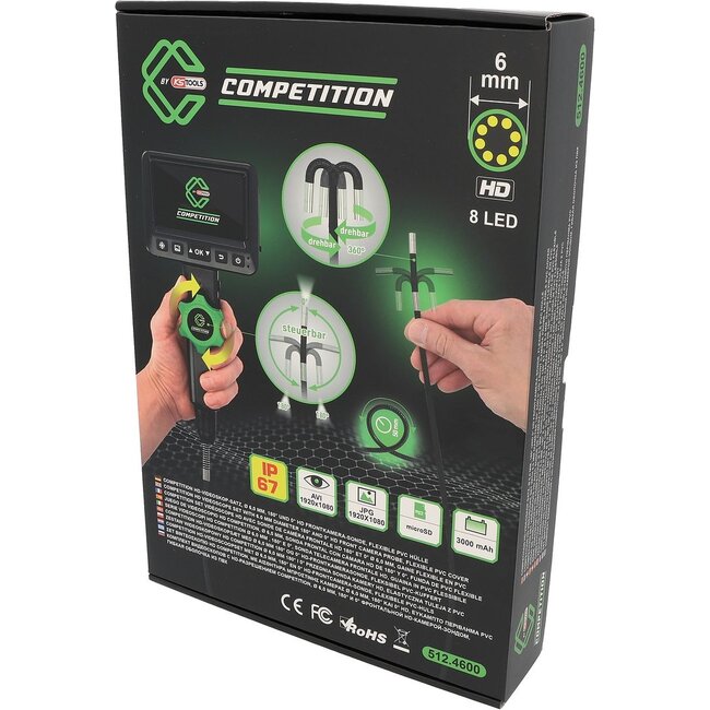 KS Tools COMPETITION HD videoscope set with 6.0 mm diameter 180° and 0° HD front camera probe, flexible PVC cover - 512.4600