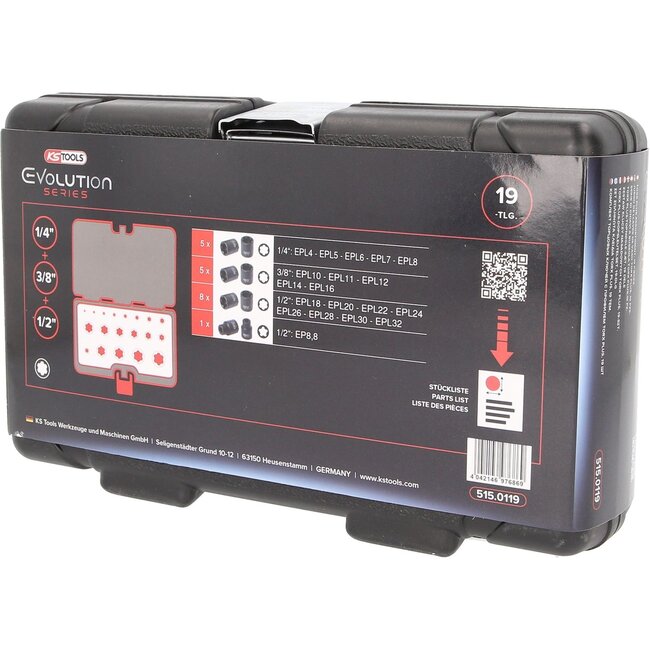 KS Tools 1/4"+3/8"+1/2" Torx impact socket spanner set, 19 pcs - 515.0119