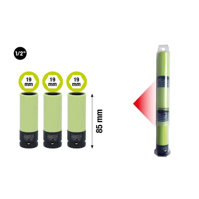 KS Tools 1/2" krachtdop robuust - lang - 19 mm 3x 515.1075 voor aluminium velgen - 515.0855