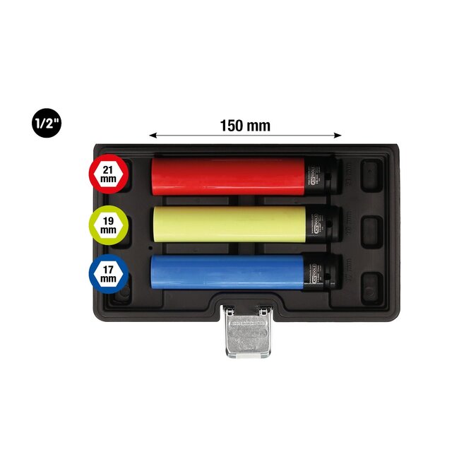 KS Tools Aluminum rims, power socket set, extra long, 3 pcs, 1/2", 17, 19, 21mm - 515.0865