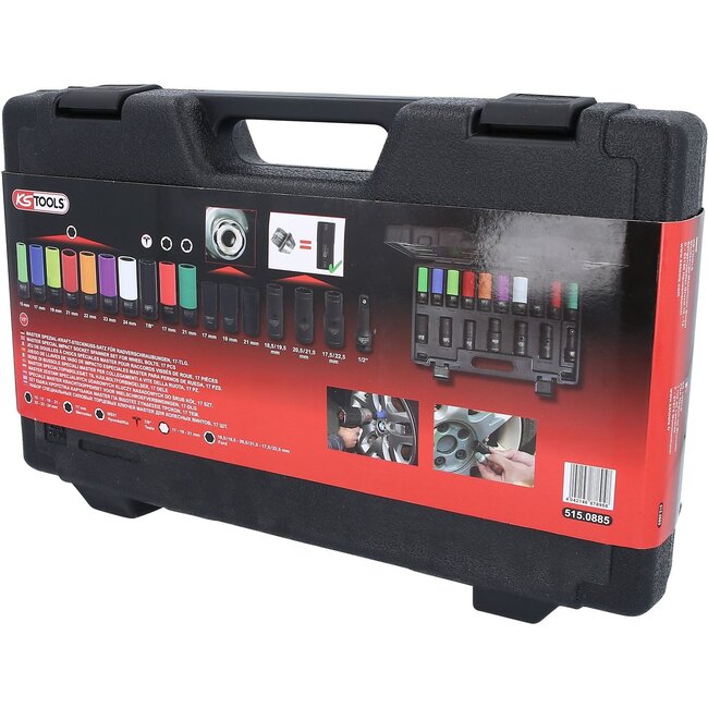 KS Tools Jeu de douilles à chocs spéciales MASTER 1/2" pour raccords vissés de roue, 17 pcs – 515.0885