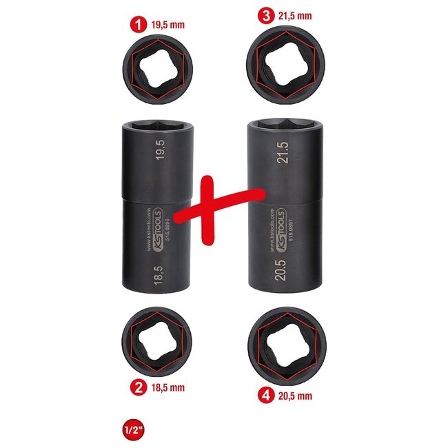 KS Tools Jeu de douilles à chocs spéciales 1/2" pour jantes aluminium, pour Ford, 18,5 / 19,5 / 20,5 / 21,5 mm, 2 pcs – 515.0895